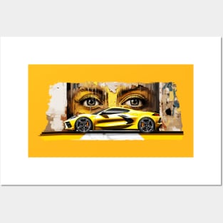 Accelerate Yellow C8 Corvette Stingray Supercar in front of a wall of graffiti with beautiful eyes looking back at you Sports car American Muscle car race car Posters and Art